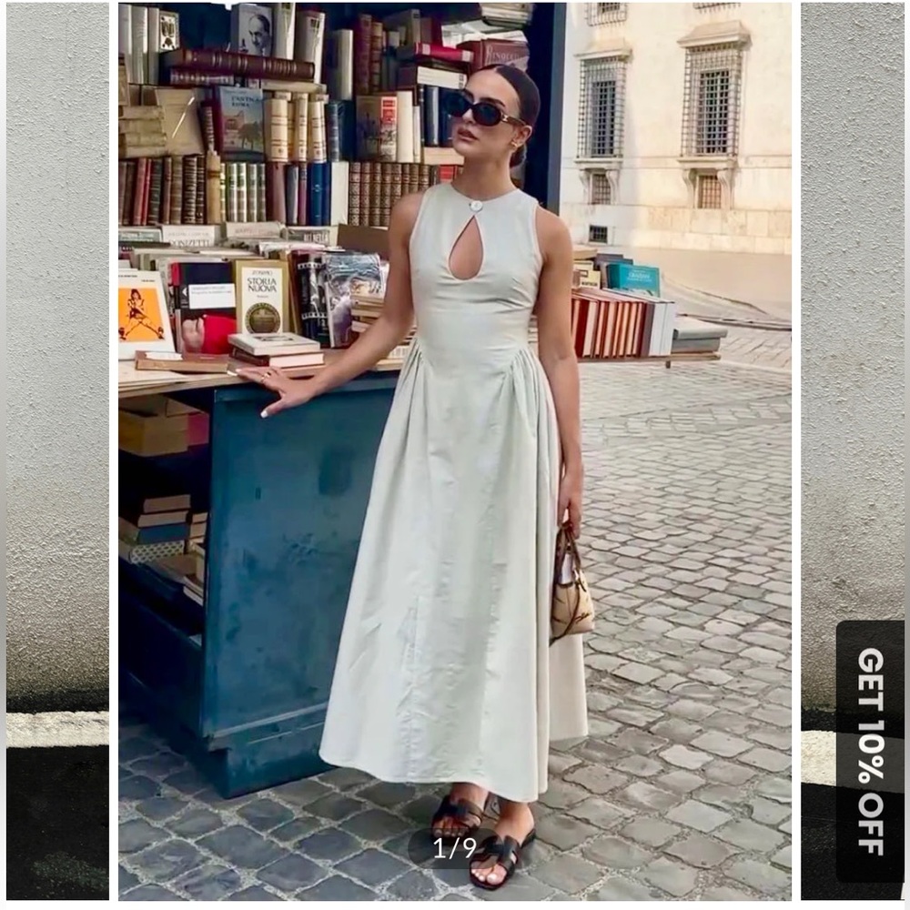 Commense Cotton & Linen Pleated Cutout Long Dress